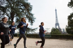 Boeing staff members exercising near the Eiffel Tower in Paris, France.