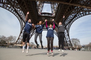 Boeing staff members exercising near the Eiffel Tower in Paris, France.